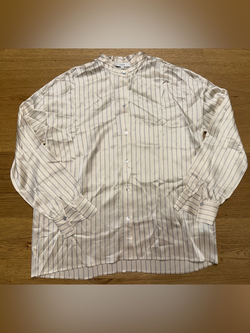 Vince | 100% Silk Women’s Cream Button-Up Shirt Gray Stripes | Size XS